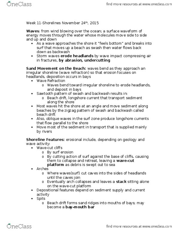 Earth Sciences 1022A/B Lecture Notes - Lecture 11: Longshore Drift, Refraction, Beach Nourishment thumbnail