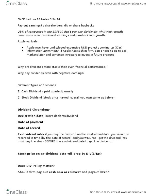 FNCE 932 Lecture Notes - Lecture 11: Stock Split, Share Repurchase, Dividend Tax thumbnail