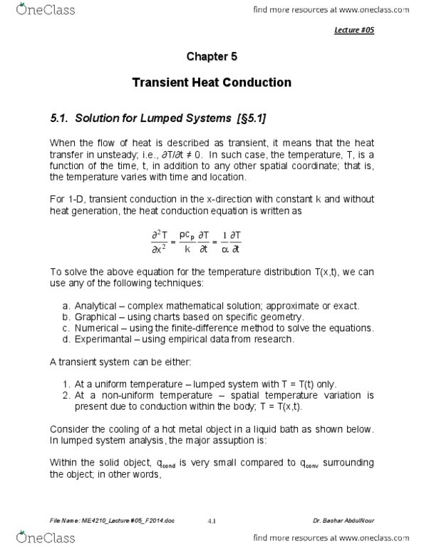 M E 4210 Lecture Notes - Lecture 5: Litre, Thermal Conductivity, Fourier Number thumbnail