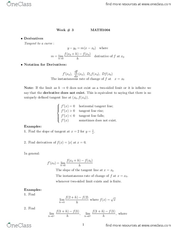 MATH 1004 Lecture Notes - Lecture 4: List Of Trigonometric Identities, International Six Days Enduro, Quotient Rule thumbnail
