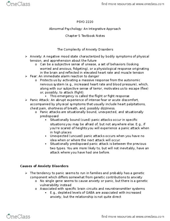 PSYO 2220 Chapter Notes - Chapter 5: Exposure Therapy, Norepinephrine, Limbic System thumbnail