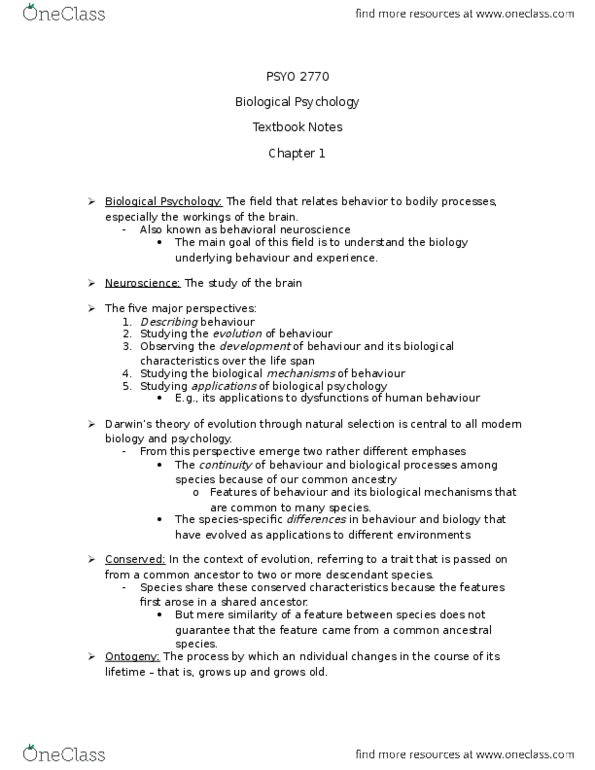PSYO 2770 Chapter Notes - Chapter 1: Reductionism, Neuroplasticity, Ontogeny thumbnail