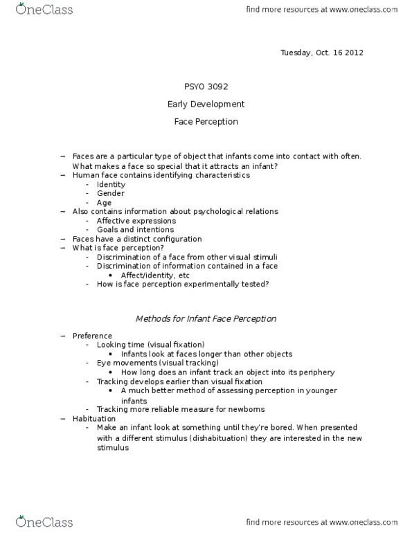 PSYO 3092 Lecture Notes - Lecture 12: Face Perception, Dishabituation, Habituation thumbnail