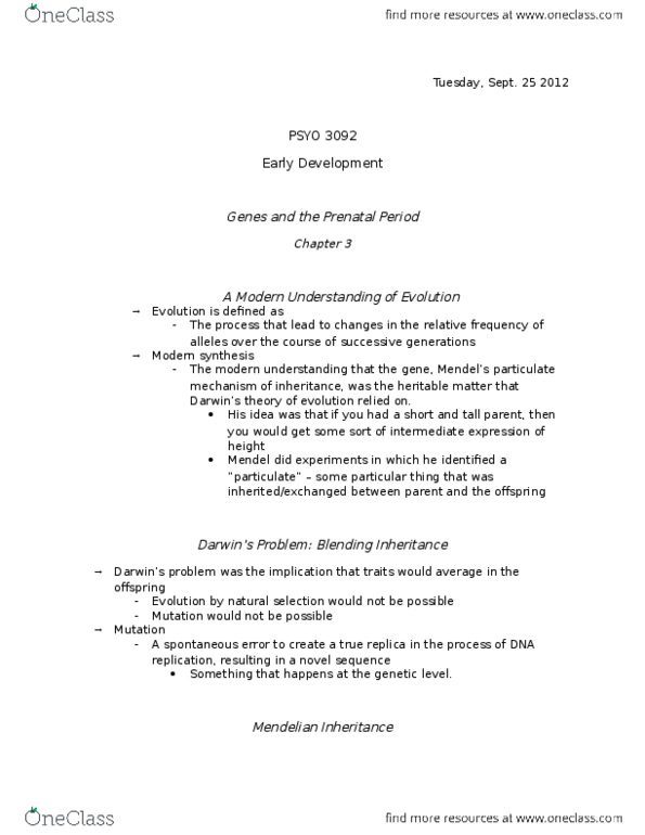 PSYO 3092 Lecture Notes - Lecture 6: Phenotypic Trait, Complications Of Pregnancy, Sensory System thumbnail