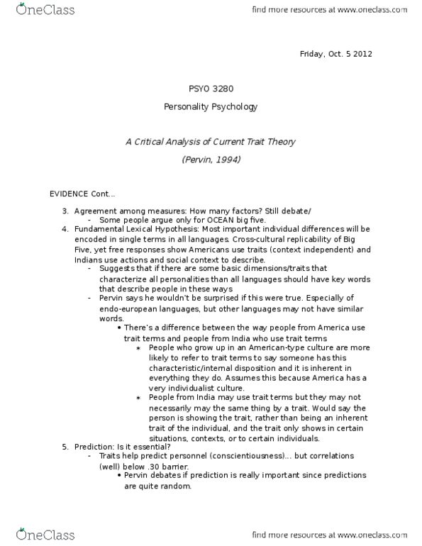 PSYO 3280 Lecture Notes - Lecture 12: Lexical Hypothesis, Trait Theory, Factor Analysis thumbnail