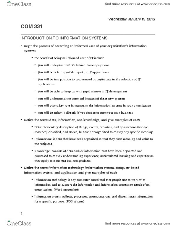 COM 331 Chapter Notes - Chapter 1: Expert System, Enterprise Resource Planning, Breakcore thumbnail