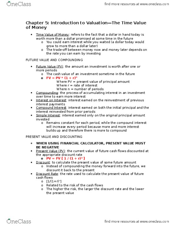 FIN 300 Chapter Notes - Chapter 5: Interest, Investment thumbnail