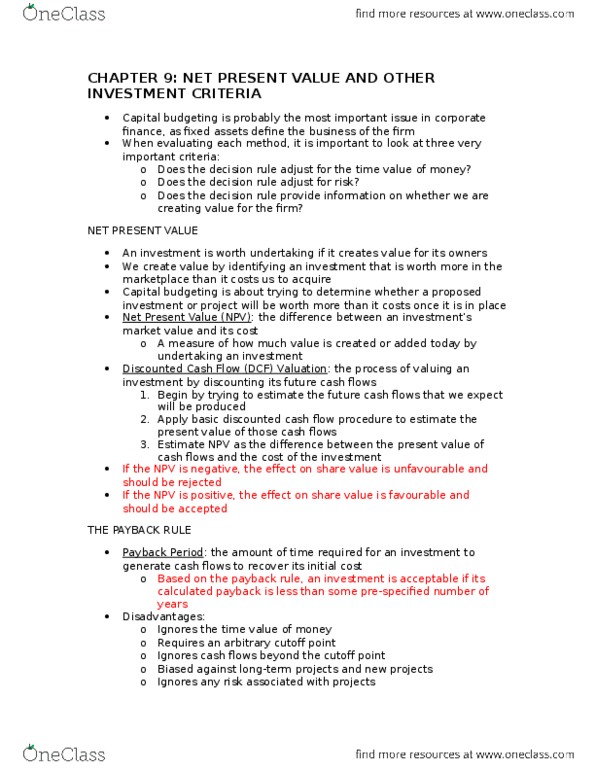 FIN 300 Chapter Notes - Chapter 9: Net Present Value, Decision Rule, Capital Budgeting thumbnail