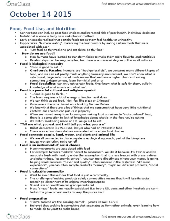 ANTHR207 Lecture Notes - Lecture 9: Olive Oil, Mediterranean Diet, Michael Pollan thumbnail