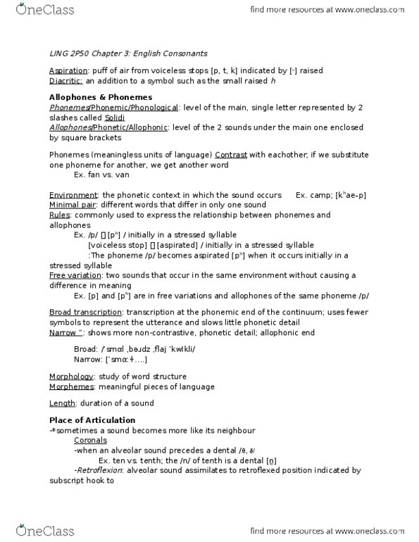 LING 2P50 Chapter Notes - Chapter 3: Nasal Release, Laminal Consonant, Bulgarian State Railways thumbnail