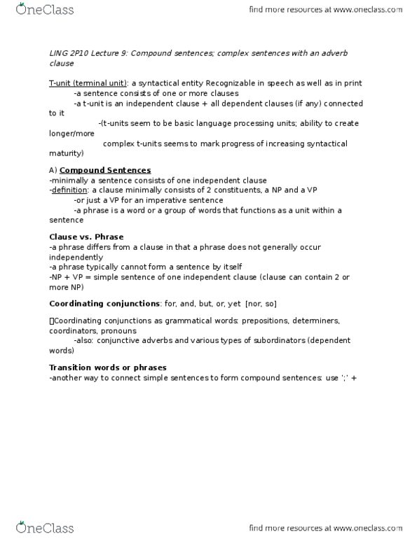 LING 2P10 Lecture Notes - Lecture 8: Skimmed Milk, Watt, Finite Verb thumbnail