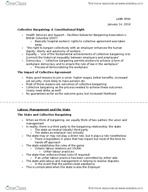 LABR 3P90 Lecture Notes - Lecture 2: Bargaining Unit, National Labor Relations Act, Ivan Rand thumbnail