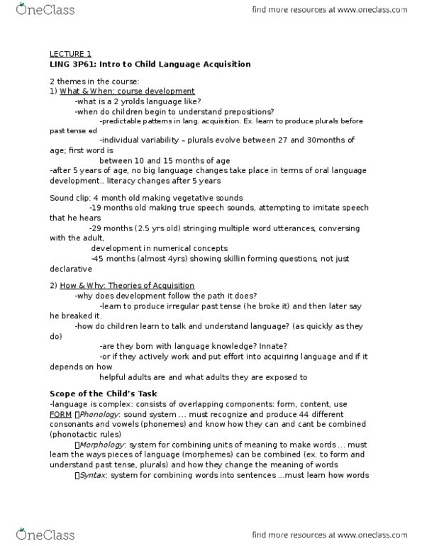 LING 3P61 Lecture Notes - Lecture 1: Language Disorder, Noam Chomsky, Generative Grammar thumbnail