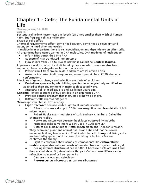 BIOLOGY 201L Chapter Notes - Chapter 1: Polysaccharide, Lysosome, Zebrafish thumbnail