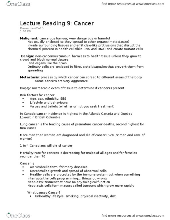 HLSC 1F90 Lecture Notes - Lecture 9: Lung Cancer, Malignancy, Metastasis thumbnail