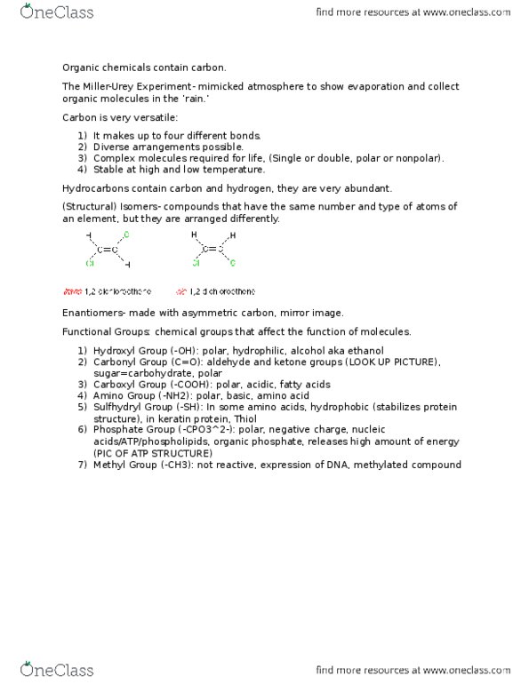 BIOL 111 Lecture Notes - Lecture 4: Asymmetric Carbon, Organic Compound, Enantiomer thumbnail