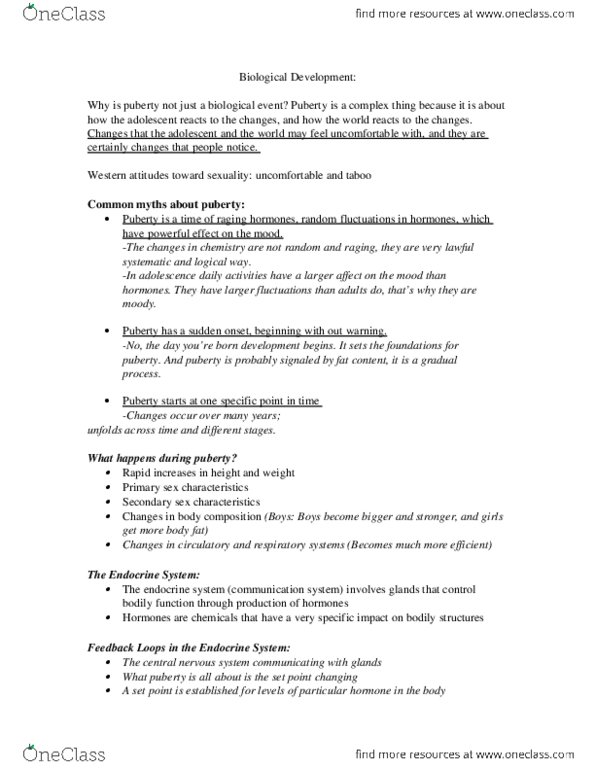 PSYC 437 Lecture Notes - Lecture 1: Secondary Sex Characteristic, Endocrine System, Puberty thumbnail