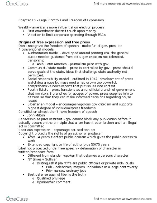 COM 107 Chapter Notes - Chapter 16: First Amendment To The United States Constitution, Prior Restraint, Fairness Doctrine thumbnail