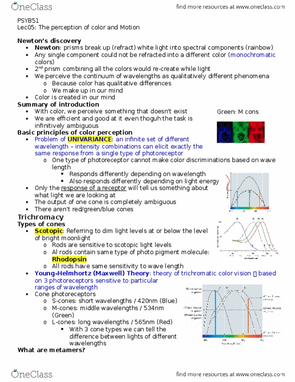 PSYB51H3 Lecture Notes - Lecture 5: Trichromacy, Wavelength, Color Theory thumbnail