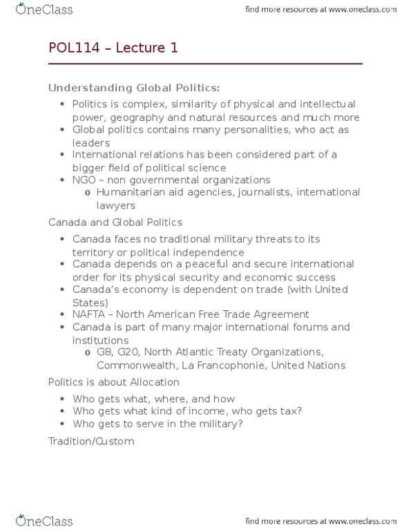POL114H5 Lecture Notes - Lecture 1: Global Politics, North American Free Trade Agreement, Humanitarian Aid thumbnail