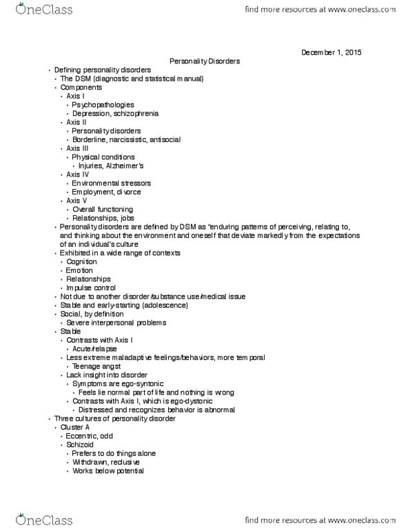 PSYCH 290 Lecture Notes - Lecture 21: Egosyntonic And Egodystonic, Personality Disorder, Impulsivity thumbnail