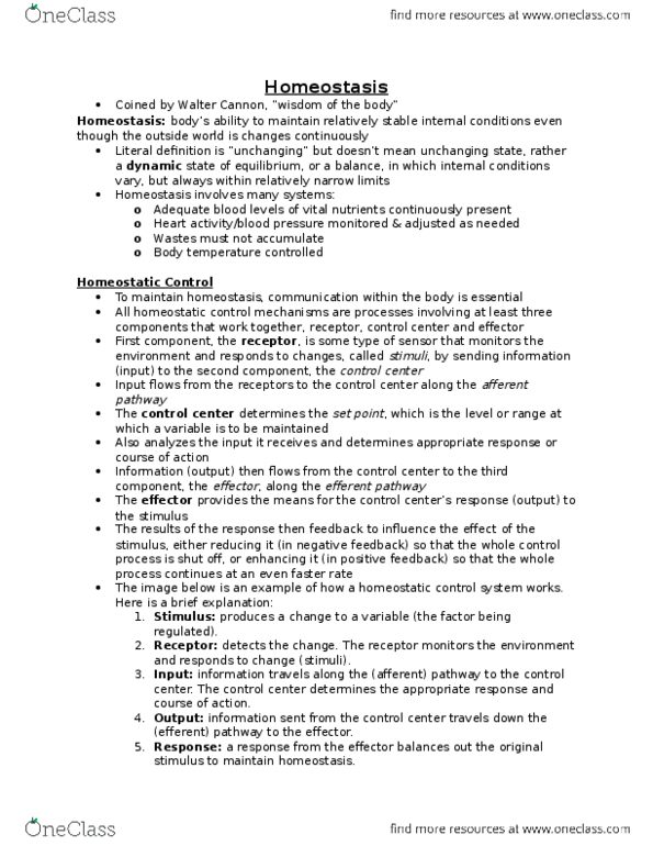 ANP 1105 Chapter Notes - Chapter 1: Walter Bradford Cannon, Thermostat, Homeostasis thumbnail