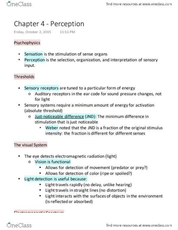 PSY100Y5 Lecture Notes - Lecture 4: Olfactory Bulb, Sensory Neuron, Absolute Threshold thumbnail