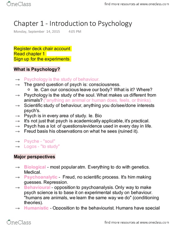 PSY100Y5 Lecture Notes - Lecture 1: Behaviorism, Psych, Psychometrics thumbnail