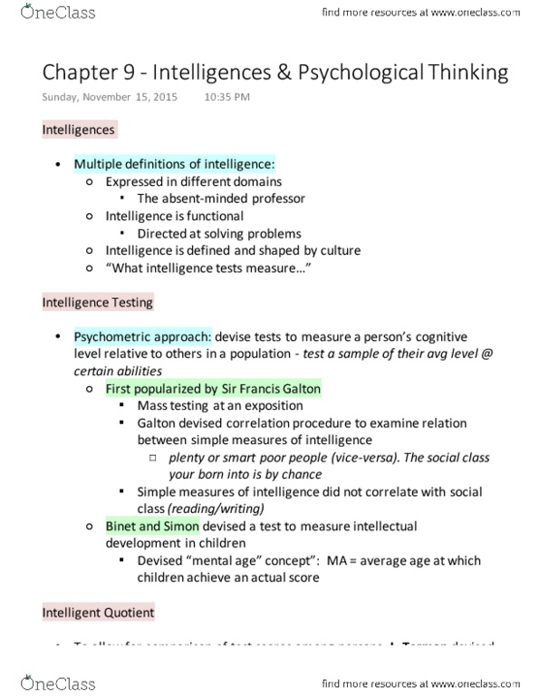 PSY100Y5 Lecture Notes - Lecture 9: Intelligence Quotient, Intellectual Disability, Fluid And Crystallized Intelligence thumbnail