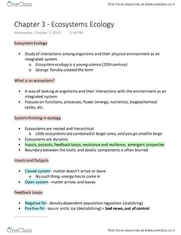 ENV100Y5 Lecture Notes - Lecture 14: Millennium Ecosystem Assessment, Ecosystem Ecology, Ecosystem Services thumbnail