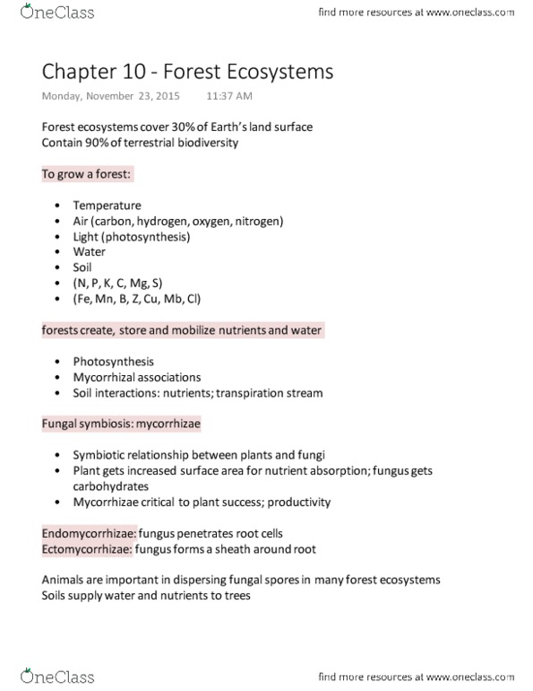 ENV100Y5 Lecture Notes - Lecture 34: Forest Ecology, Mycorrhiza thumbnail