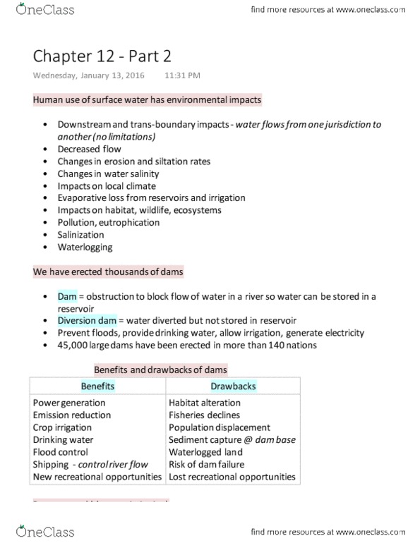 ENV100Y5 Lecture Notes - Lecture 41: Saltwater Intrusion, Diversion Dam, Groundwater Pollution thumbnail