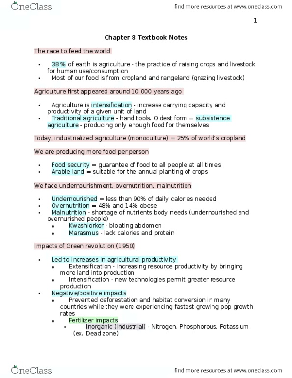 ENV100Y5 Chapter Notes - Chapter 8: Resource Productivity, Arable Land, Subsistence Agriculture thumbnail