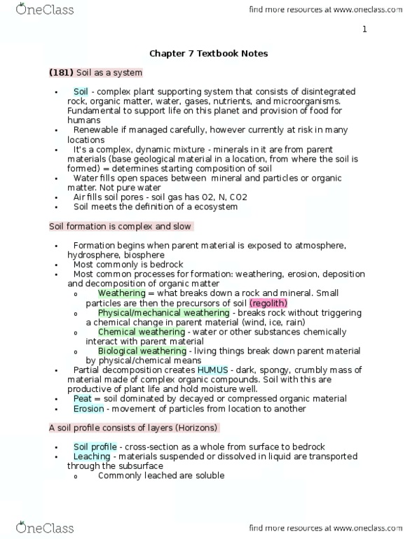 ENV100Y5 Chapter Notes - Chapter 7: Parent Material, Hydrosphere, Nitrogen Cycle thumbnail