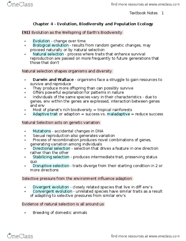 ENV100Y5 Chapter Notes - Chapter 4: Divergent Evolution, Convergent Evolution, Evolutionary Pressure thumbnail