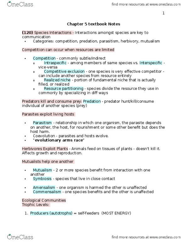 ENV100Y5 Chapter Notes - Chapter 5: Evolutionary Arms Race, Ecological Niche, Niche Differentiation thumbnail