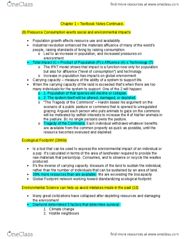 ENV100Y5 Chapter Notes - Chapter 1: Carrying Capacity, Industrial Revolution, Environmentalism thumbnail