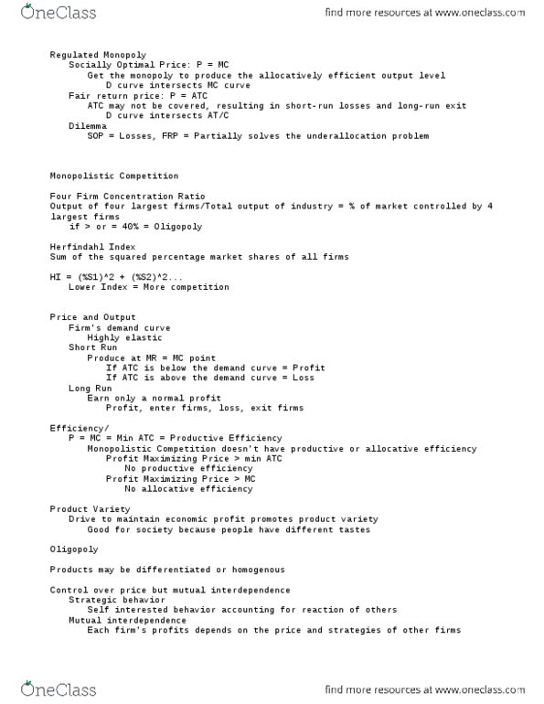 ECON-200 FA4 Lecture Notes - Lecture 5: Herfindahl Index, Monopolistic Competition, Demand Curve thumbnail