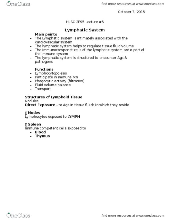 HLSC 2F95 Lecture Notes - Lecture 5: Lymph Node, Thymosin, Circulatory System thumbnail