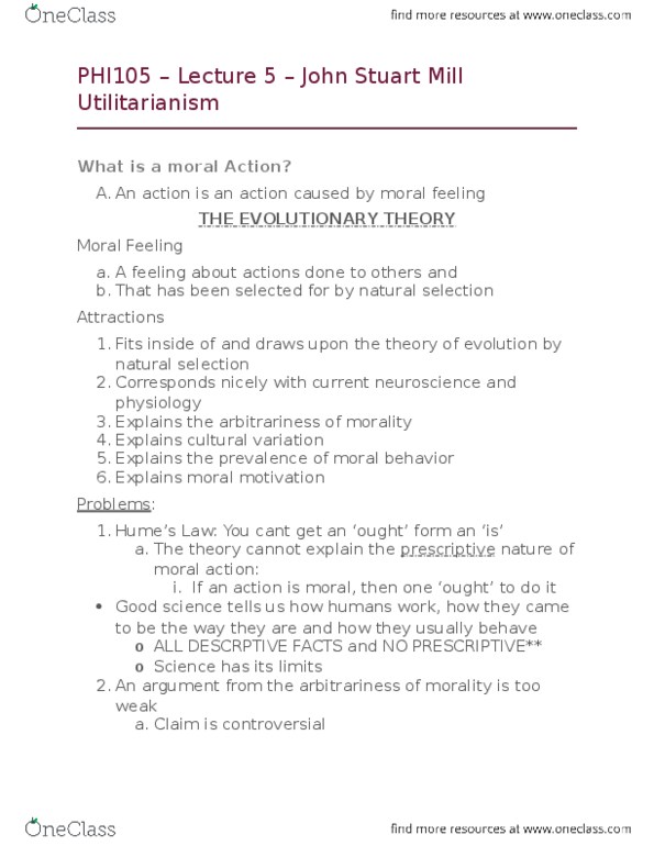 PHL105Y5 Lecture Notes - Lecture 5: John Stuart Mill, Natural Selection 2, Welfarism thumbnail