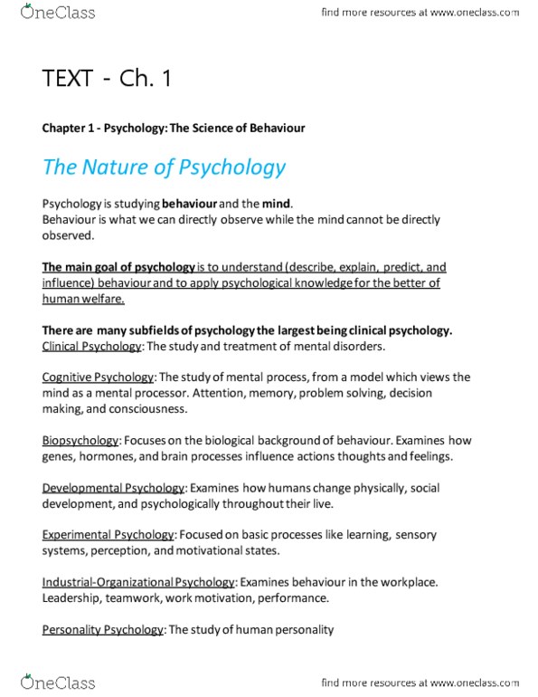 Psychology 1000 Chapter 1: Chapter 1 Summary Psychology frontiers and applications 5e thumbnail