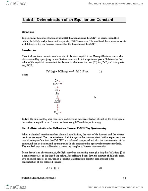 CHM120H5 Lecture Notes - Lecture 3: Potassium Thiocyanate, Chemical Equilibrium, Absorbance thumbnail