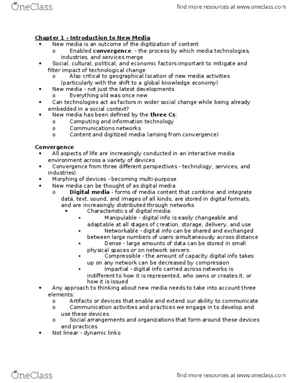 CMNS 253W Chapter 1: - Introduction to New Media Notes thumbnail