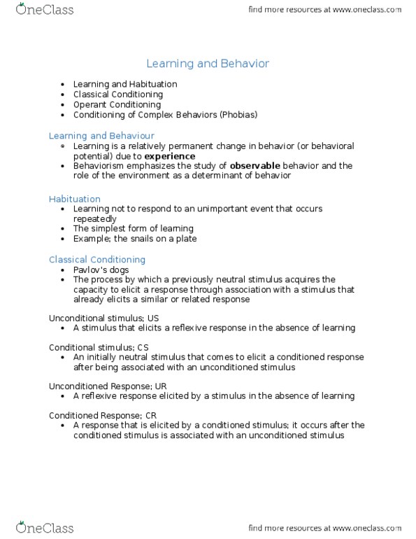 PSY 1101 Lecture Notes - Lecture 10: Classical Conditioning, Habituation, Operant Conditioning thumbnail