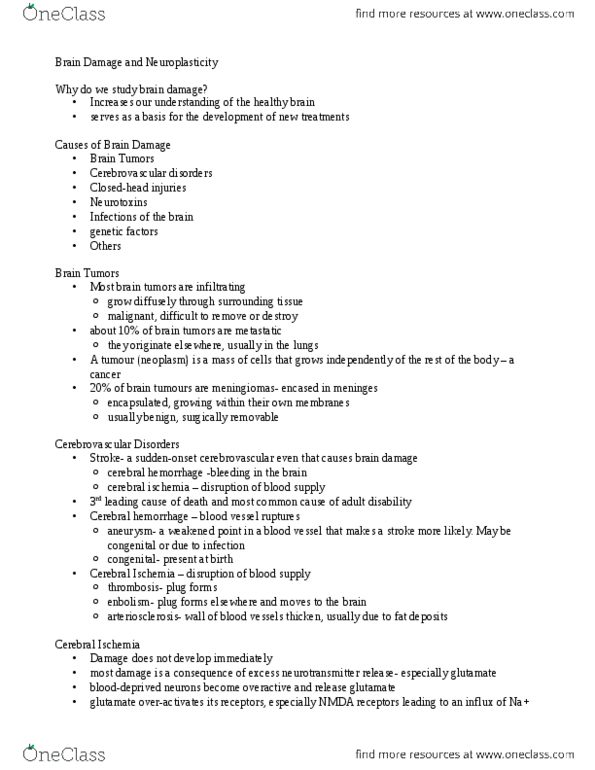 PSYC 2560 Lecture Notes - Lecture 13: Brain Ischemia, Intracerebral Hemorrhage, Brain Tumor thumbnail