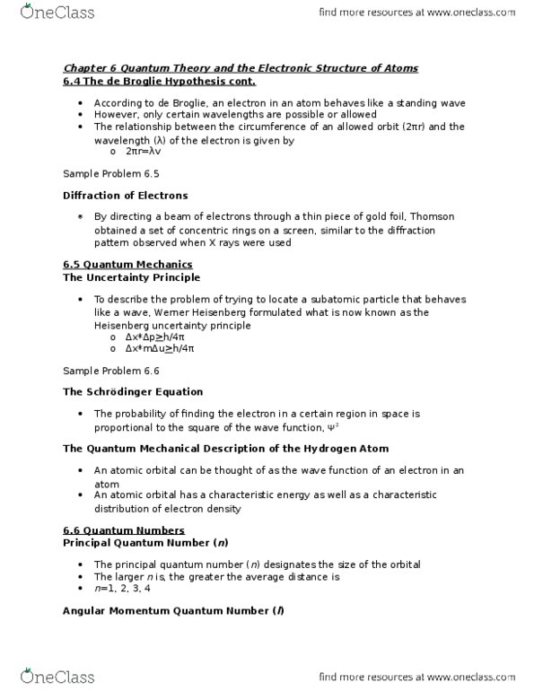 CHE 201 Lecture Notes - Lecture 15: Subatomic Particle, Atomic Orbital, Standing Wave thumbnail