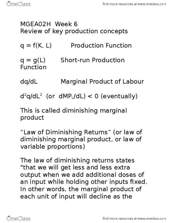 MGEA02H3 Lecture Notes - Lecture 6: Diminishing Returns, Production Function, Marginal Product thumbnail