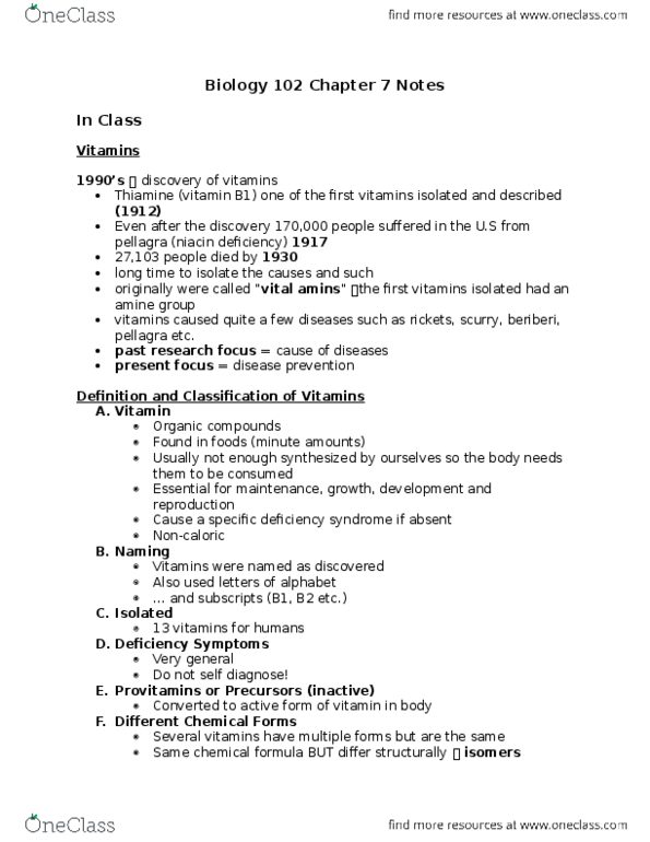 BIOL-102 Chapter Notes - Chapter 7: Vitamin A Deficiency, Vitamin Deficiency, Cystic Fibrosis thumbnail