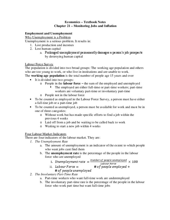 Economics 1022A/B Chapter Notes -Labour Force Survey, Unemployment, Discouraged Worker thumbnail