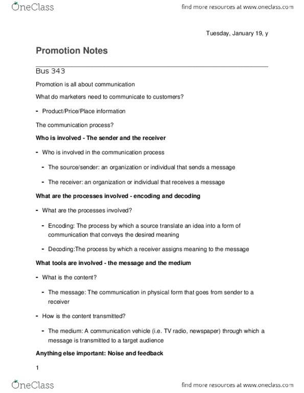 BUS 343 Lecture Notes - Lecture 1: Sales Promotion, The Sender, Media Mix thumbnail